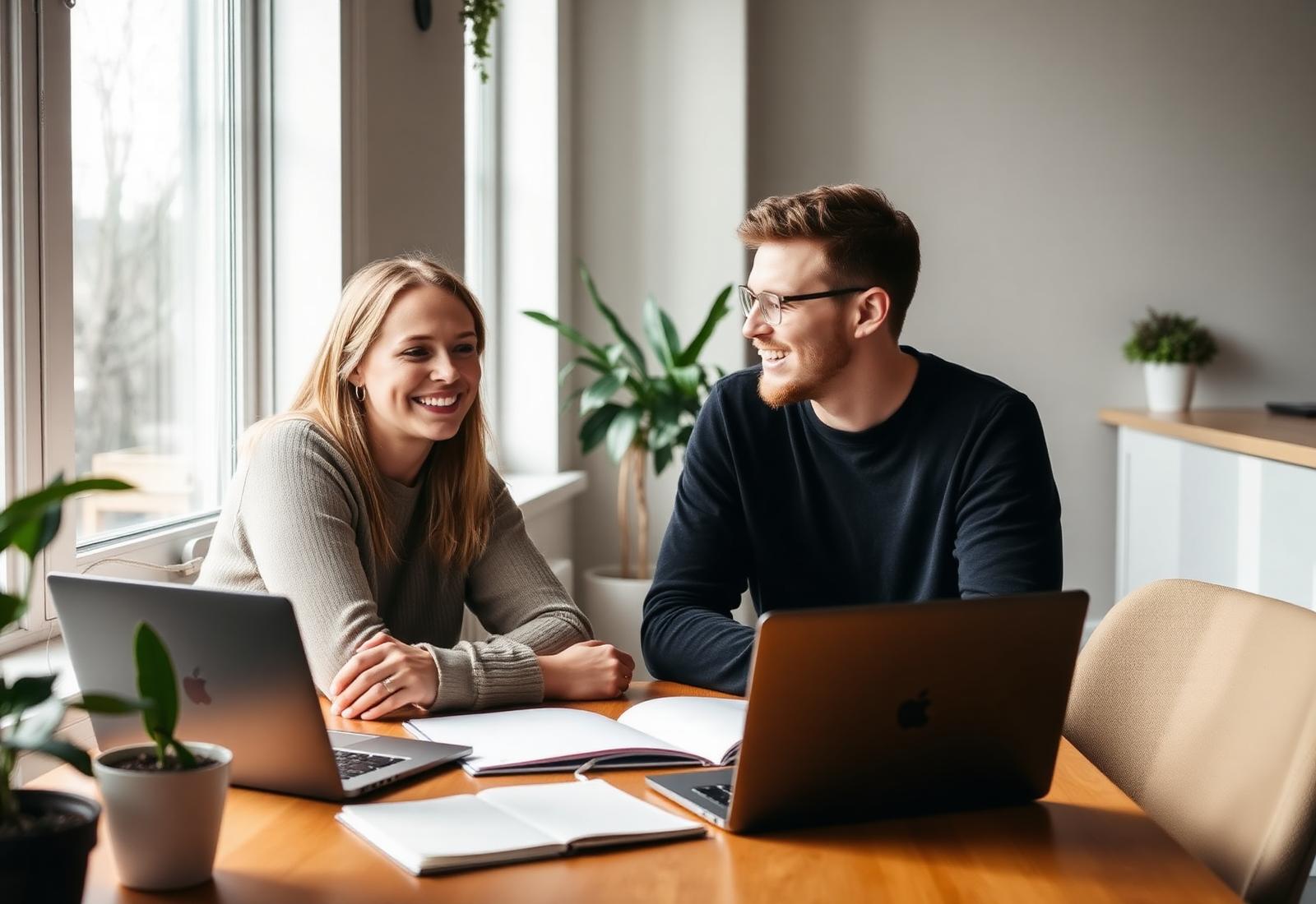 To personer i uformell samtale rundt et bord i et coworking-miljø i Nord-Norge
